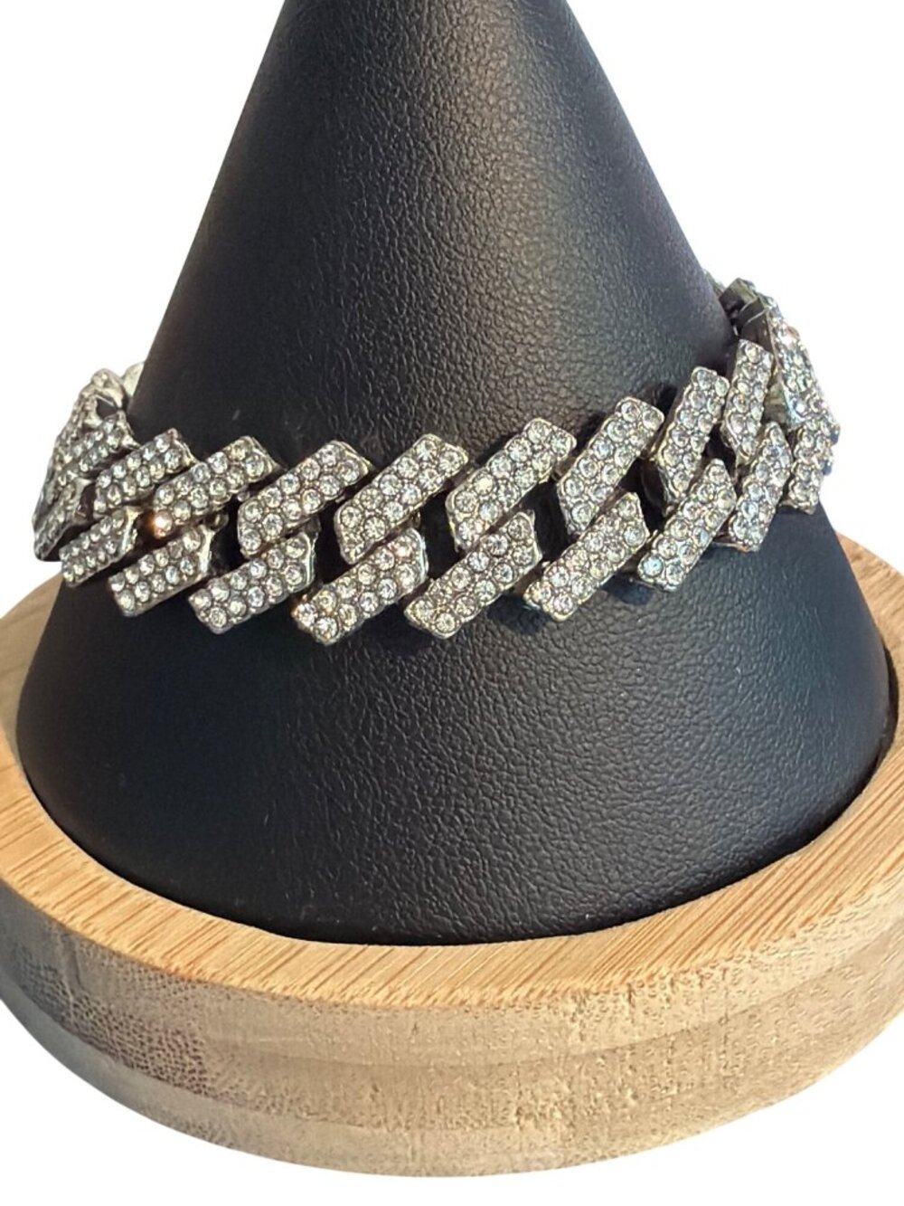 Pave Rhinestone Cuban Link Bracelet Silver Tone Iced Out Fold Over Clasp 7.25"